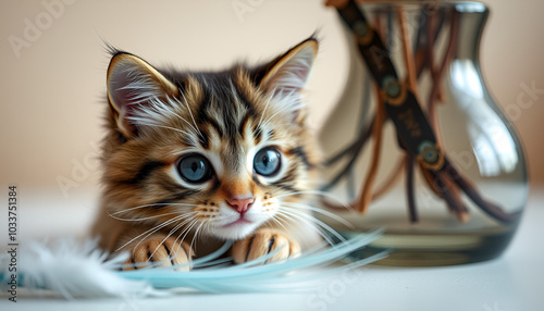 Macro photograph of a feathery cat toy beside a vase with space for text photo