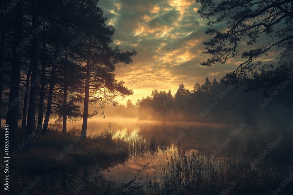 A stunning capture of golden mist lingering over still waters of a forest lake during breathtaking sunset, amid trees. A stunning capture of golden mist lingering over still waters of a forest lake during breathtaking sunset, amid trees.