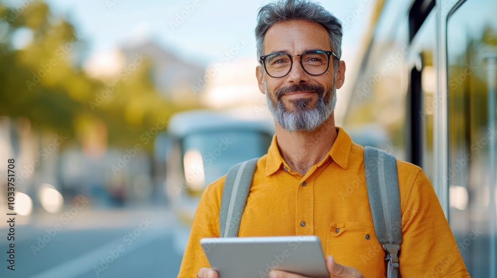 A mature man with gray hair uses a tablet while standing outside with a clear urban background, evoking a sense of modern life and technology interaction. A mature man with gray hair uses a tablet while standing outside with a clear urban background, evoking a sense of modern life and technology interaction.