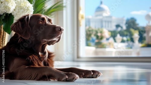 A chocolate Labrador, embodying intelligence and fondness, looks attentively in a regal palace setting, accentuated by classical design and greenery outside. photo