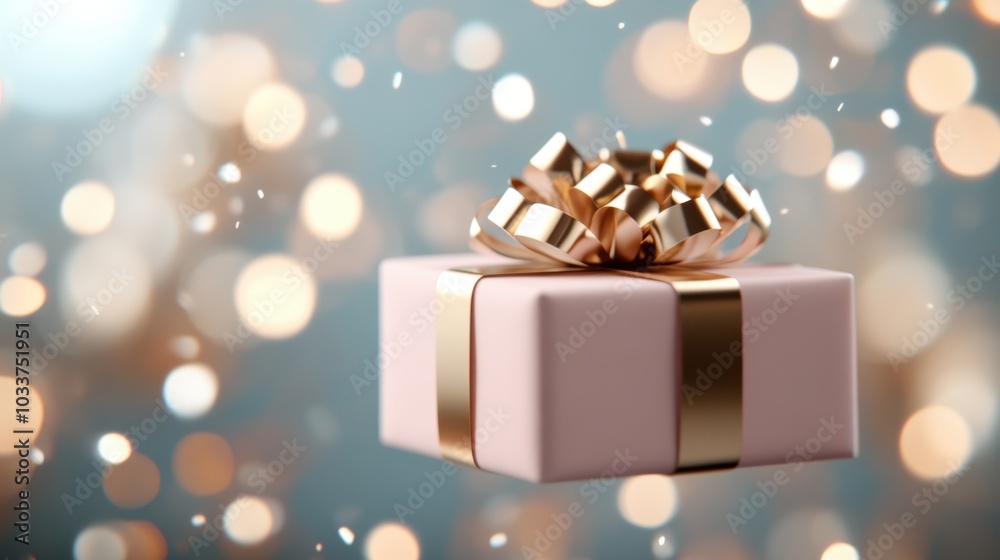 A beautifully wrapped gift box with a golden ribbon against a blurred bokeh background, suggesting celebration, luxury, and festivity in a contemporary style setting. A beautifully wrapped gift box with a golden ribbon against a blurred bokeh background, suggesting celebration, luxury, and festivity in a contemporary style setting.