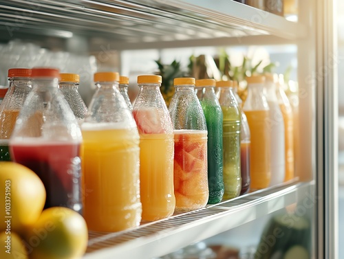 A refrigerator shelf stocked with colorful bottled beverages. Fresh fruit sits in the foreground. The image is bright and inviting, showcasing the variety of drinks available.