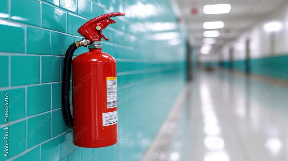 A vibrant red fire extinguisher mounted on a teal tiled wall within a well-lit, shiny corridor. The surroundings give a sense of safety and preparedness.