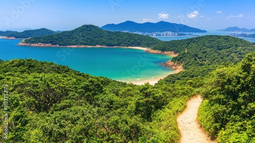 Lush Green Forested Hilltop Overlooking a Blue Bay and Sandy Beach