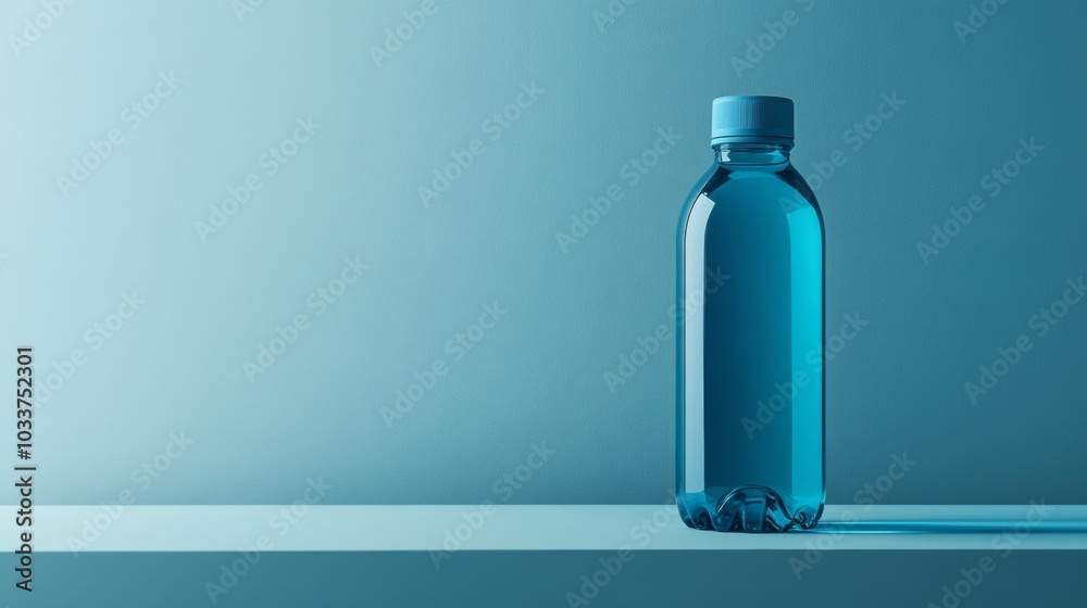 A blue bottle of water sits on a shelf A blue bottle of water sits on a shelf
