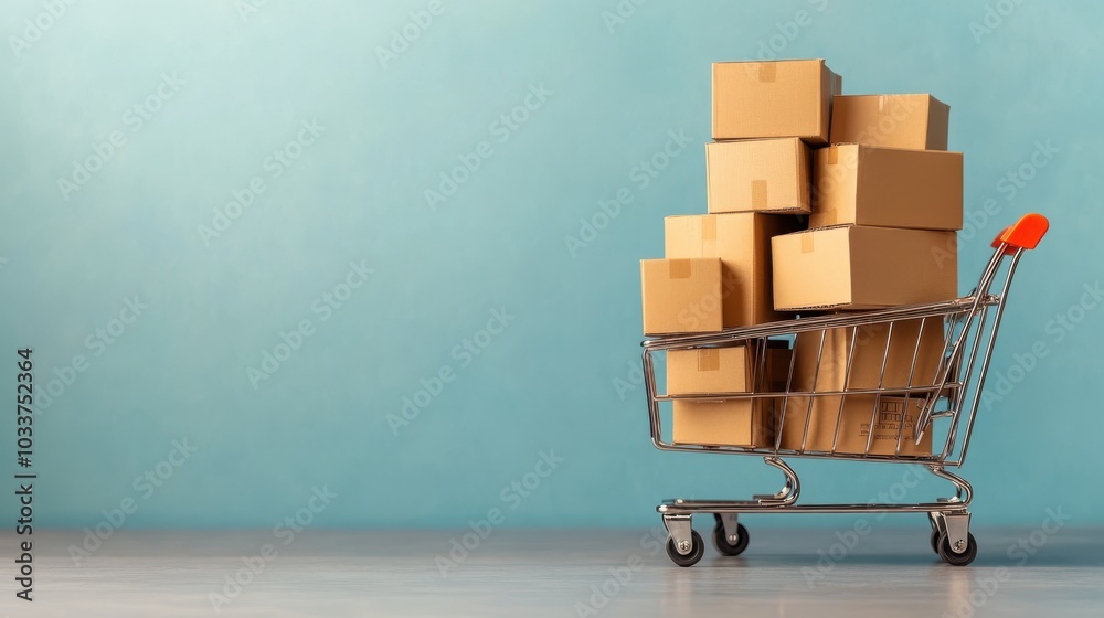 A shopping cart filled with stacked cardboard boxes stands against a simple teal background, symbolizing e-commerce and retail transportation imagery.