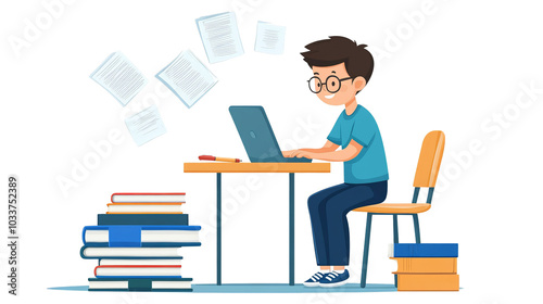 Boy studying with books and laptop, papers flying around, white isolated background.