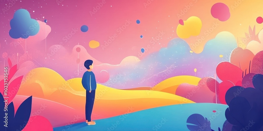 A person stands in a colorful landscape, immersed in dreamy thoughts and vibrant colors.