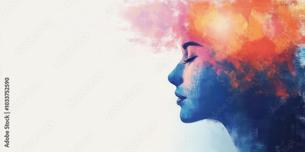 A profile of a woman with colorful abstract thoughts, white isolated background. A profile of a woman with colorful abstract thoughts, white isolated background.