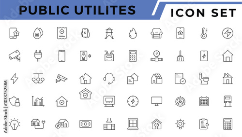 Public utilities web icons line set. Public Utilities Water, Fuel, Electricity, gas, garage, Solar House, Rent receipt, Maintainence, and More vector illustration