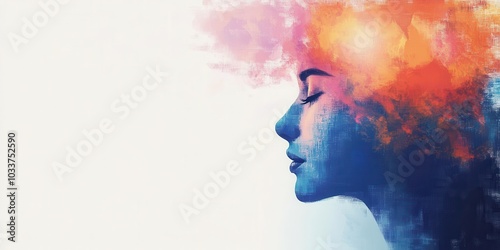 A profile of a woman with colorful abstract thoughts, white isolated background.