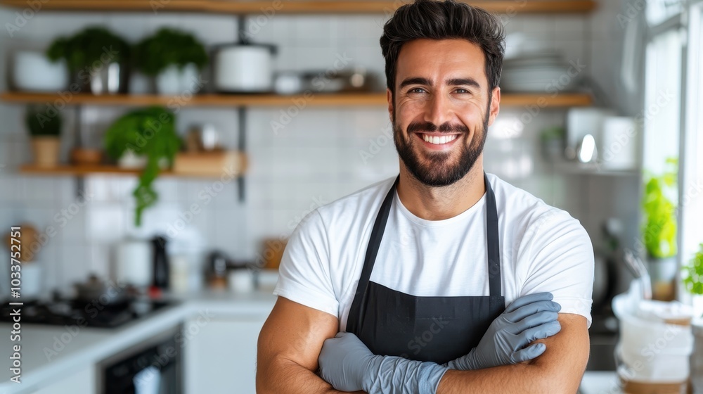 A content chef standing confidently in a cozy kitchen, wearing an apron and gloves. His broad smile conveys a sense of satisfaction and mastery in his culinary craft. A content chef standing confidently in a cozy kitchen, wearing an apron and gloves. His broad smile conveys a sense of satisfaction and mastery in his culinary craft.