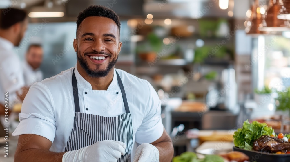 A confident, bearded chef in a modern kitchen wears a striped apron and white gloves as he prepares food, showcasing his culinary expertise with a warm smile. A confident, bearded chef in a modern kitchen wears a striped apron and white gloves as he prepares food, showcasing his culinary expertise with a warm smile.