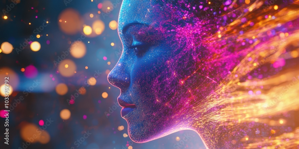 A vibrant portrayal of a woman's profile with colorful energy flowing. A vibrant portrayal of a woman's profile with colorful energy flowing.