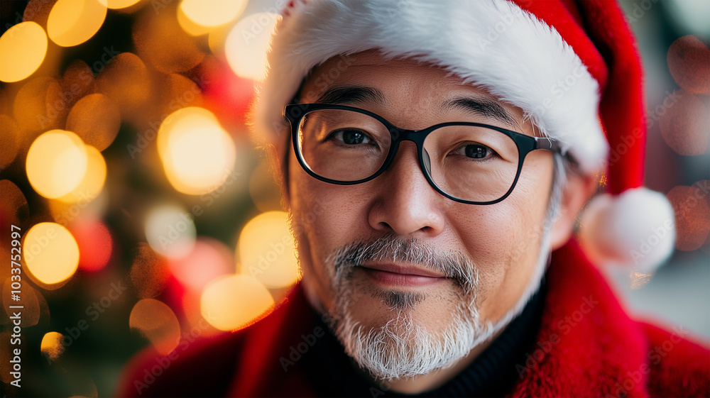 サンタ帽をかぶった日本人男性の穏やかな表情 サンタ帽をかぶった日本人男性の穏やかな表情