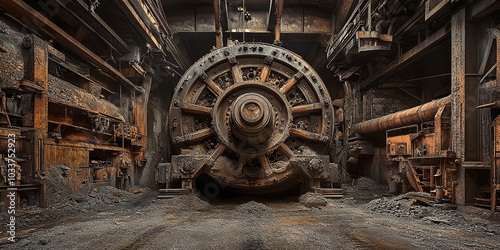 Ore grinding process in a ball mill at a mining and concentration facility.