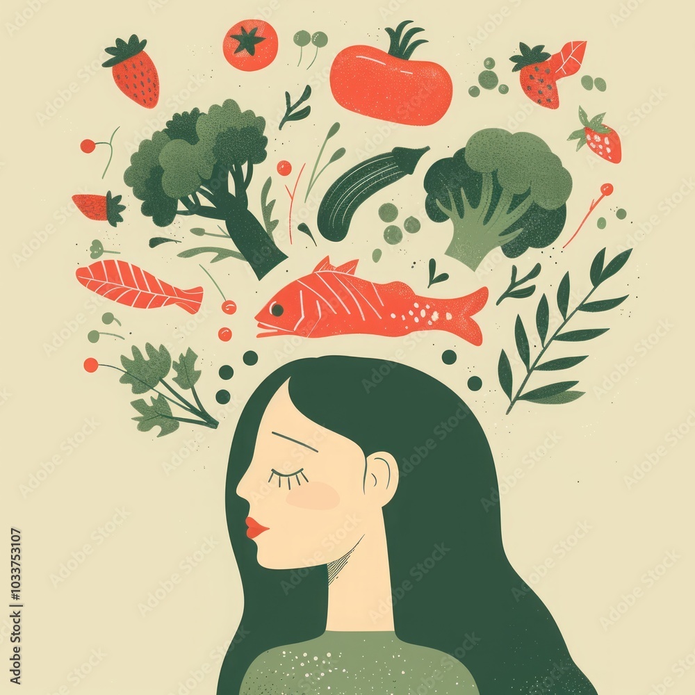 woman with vegetables and fish in her hair.