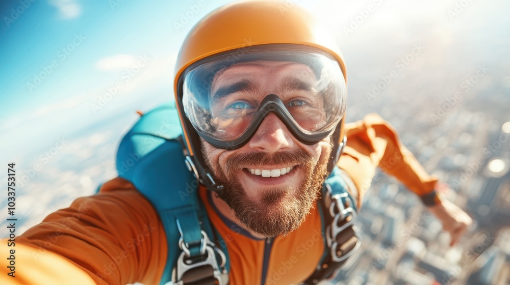 An enthusiastic skydiver with open arms captures the euphoria of flight above a sprawling city, enjoying a moment of pure adventure in the open skies. An enthusiastic skydiver with open arms captures the euphoria of flight above a sprawling city, enjoying a moment of pure adventure in the open skies.