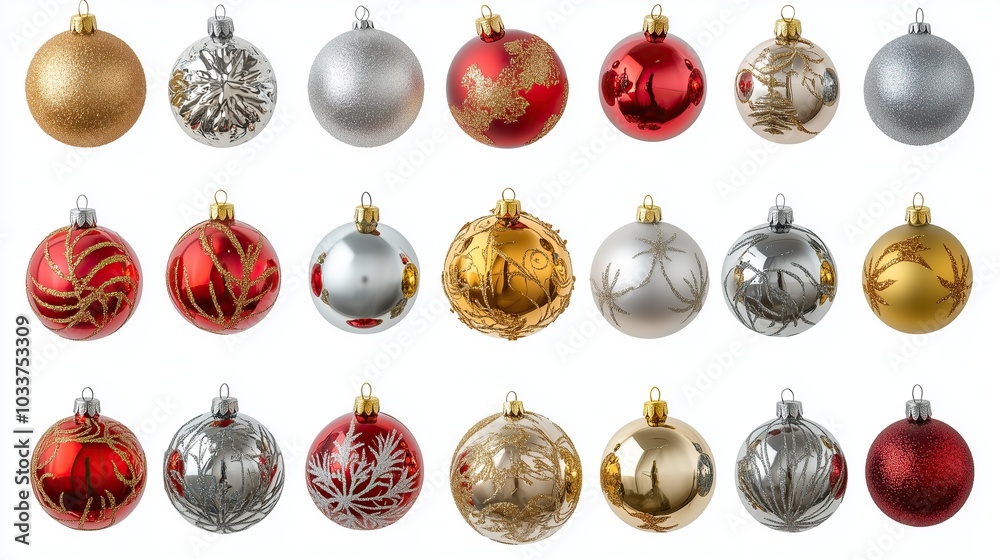 Set of red, golden and silver Christmas decorations, set of balls, on white background Set of red, golden and silver Christmas decorations, set of balls, on white background
