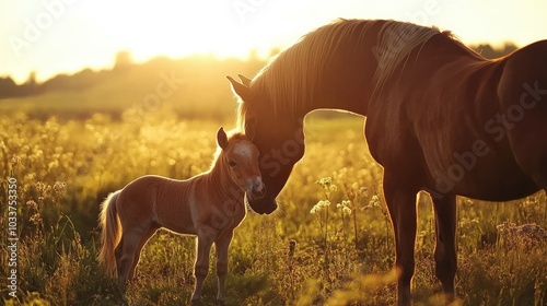 A baby horse nursing from its mother in a sunlit meadow, representing maternal care and the nurturing bond between them photo