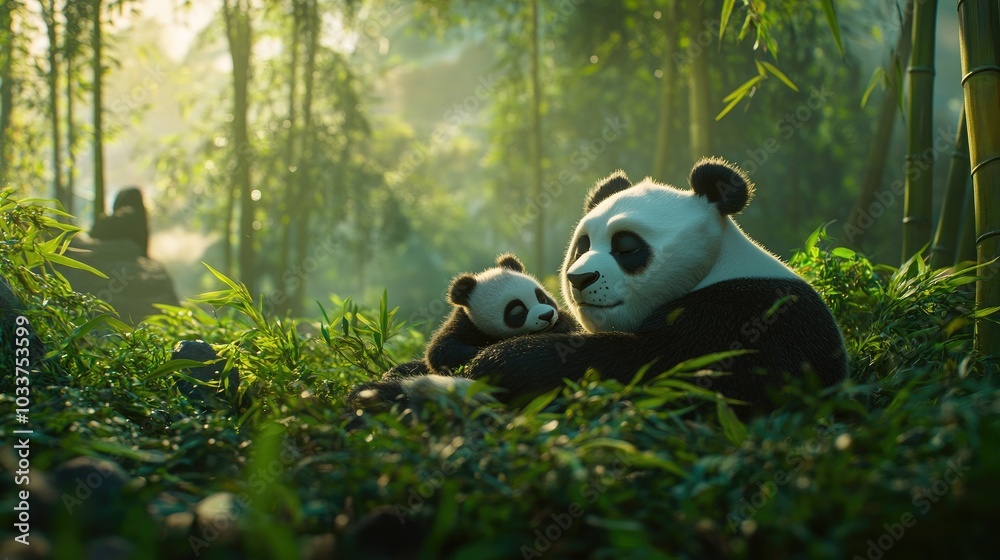 A baby panda nursing from its mother in a serene bamboo forest, representing the love and care of motherhood in nature A baby panda nursing from its mother in a serene bamboo forest, representing the love and care of motherhood in nature