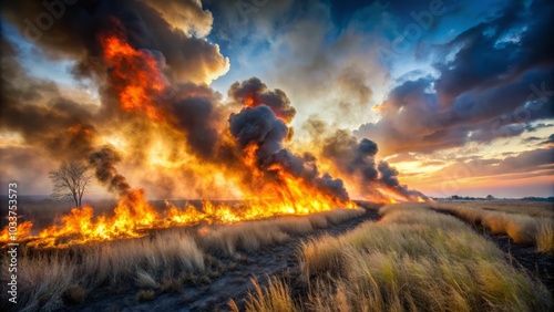 Long Exposure of Burning Dry Grass with Rising Smoke and Soot, Highlighting Environmental Issues and Wildfire Impact on Air Quality and Ecosystem Health