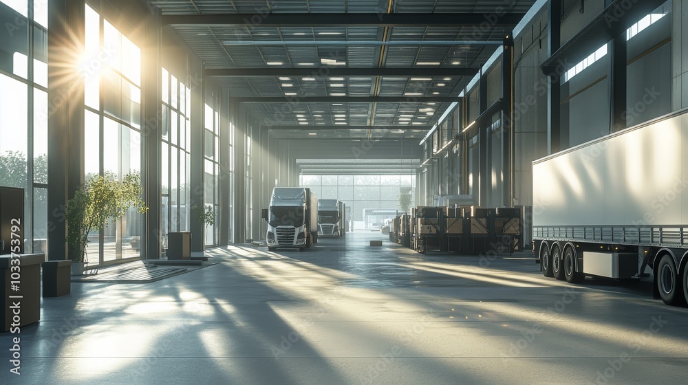 Modern Logistics Hub with Trucks Loading and Unloading Packages Modern Logistics Hub with Trucks Loading and Unloading Packages