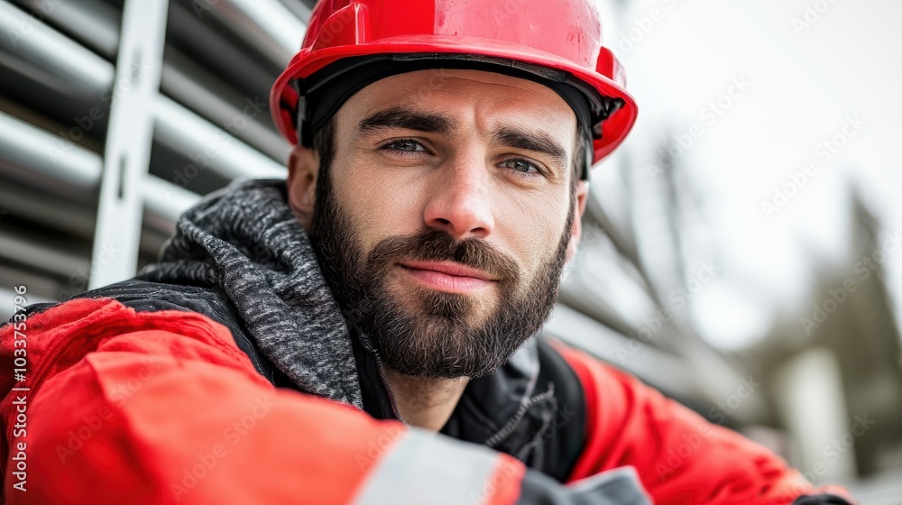 A worker in a red helmet and jacket leans against a metal backdrop, emphasizing resilience and readiness, characteristic of construction professionals at work.