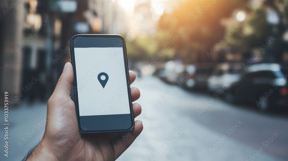 A hand holds a smartphone with a visible location pin on the screen as sunlight filters through a vibrant city street. Generative AI A hand holds a smartphone with a visible location pin on the screen as sunlight filters through a vibrant city street. Generative AI