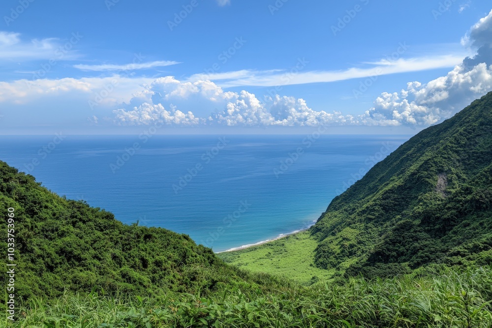 Serene coastal view from a lush mountain overlook during a bright summer day Serene coastal view from a lush mountain overlook during a bright summer day