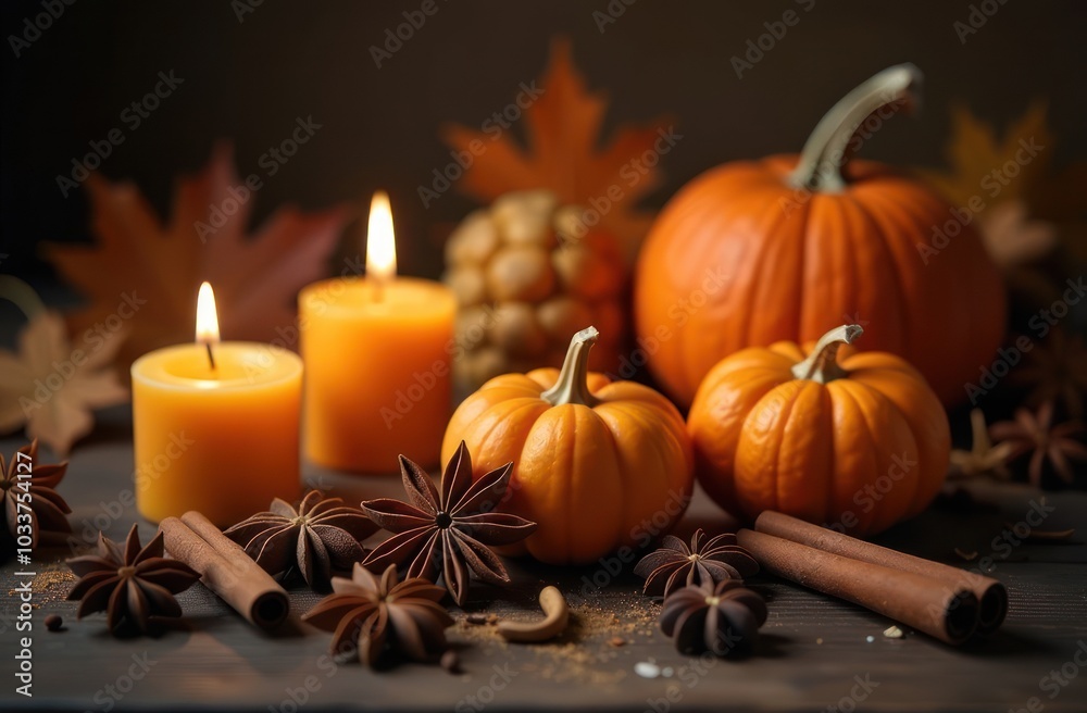 Autumn still life image with lit candles, pumpkins, and various spices on a rustic wooden background. Autumn still life image with lit candles, pumpkins, and various spices on a rustic wooden background.