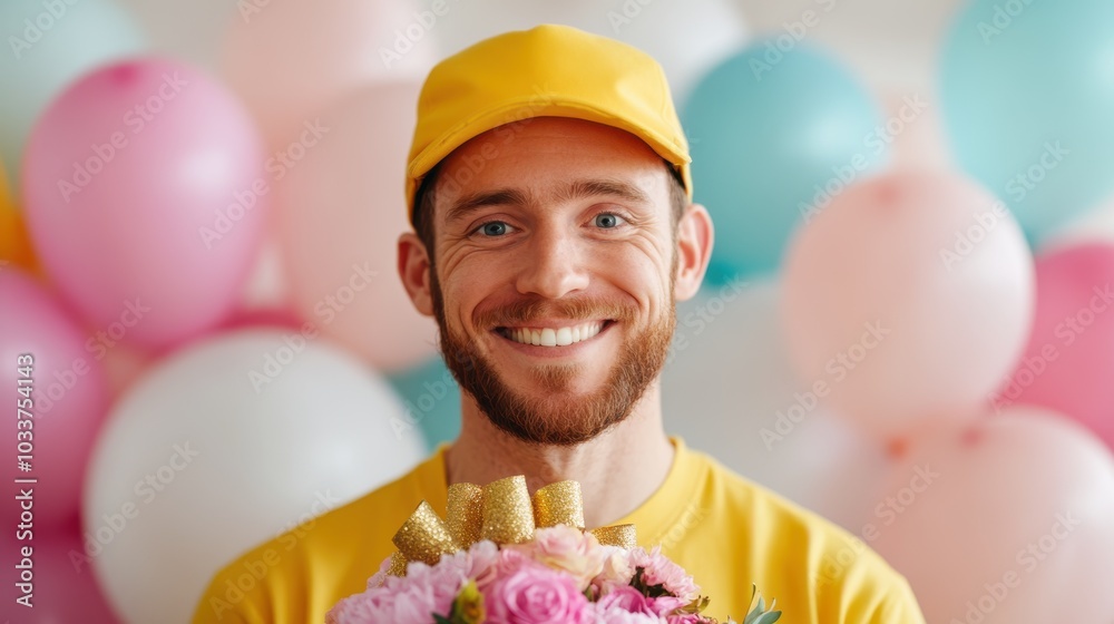 A bearded man in a yellow shirt with a warm smile holds a flower bouquet amid pink balloons, symbolizing joy, warmth, and the spirit of celebration in a colorful way. A bearded man in a yellow shirt with a warm smile holds a flower bouquet amid pink balloons, symbolizing joy, warmth, and the spirit of celebration in a colorful way.