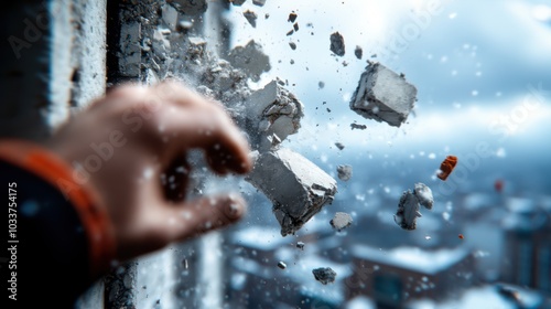 A dramatic close-up shot of a hand forcefully breaking through a concrete wall, symbolizing strength and determination against obstacles in a dynamic scene. photo