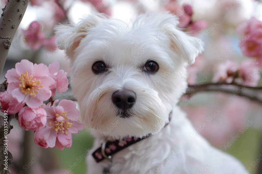 Adorable white dog gazes sweetly amidst blooming cherry blossoms in spring Adorable white dog gazes sweetly amidst blooming cherry blossoms in spring