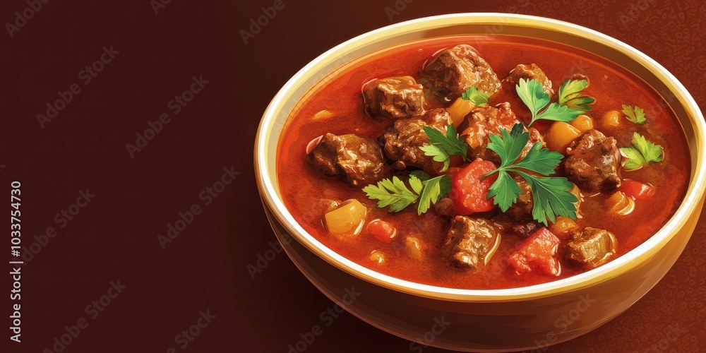 Delicious beef stew with vegetables, garnished with fresh herbs in a bowl.