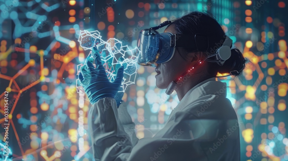 A person wearing a virtual reality headset immersed in a futuristic high tech digital cyberscape filled with abstract glowing shapes and patterns representing the future of technology innovation A person wearing a virtual reality headset immersed in a futuristic high tech digital cyberscape filled with abstract glowing shapes and patterns representing the future of technology innovation
