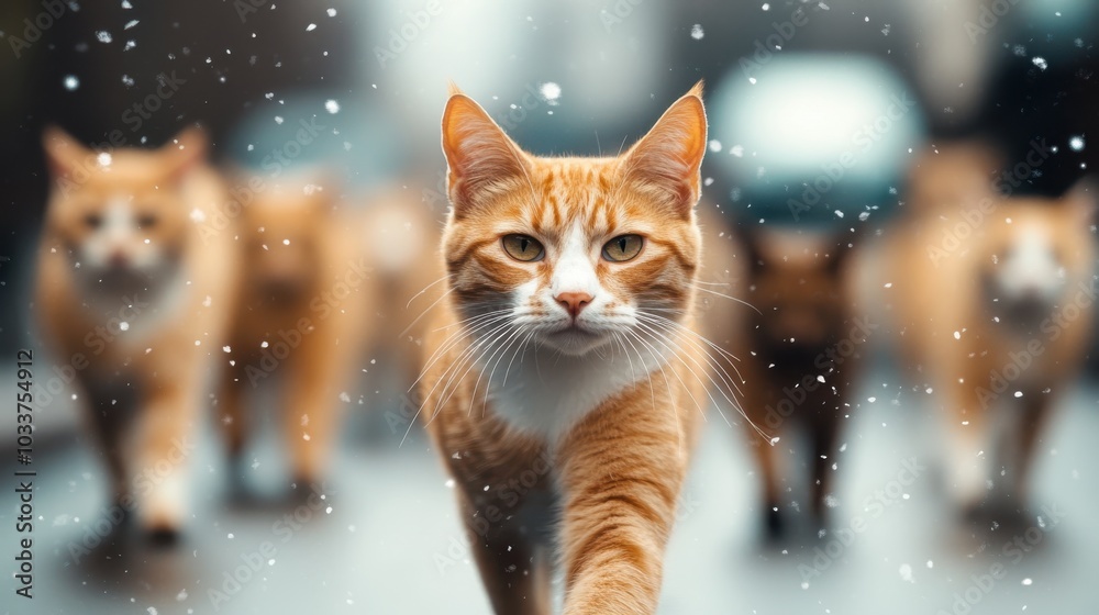 A determined orange tabby cat gracefully strides across a wintery street, leading its feline friends amidst gently falling snowflakes in the chill evening air. A determined orange tabby cat gracefully strides across a wintery street, leading its feline friends amidst gently falling snowflakes in the chill evening air.