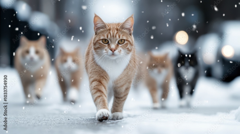 Snowflakes drift down as a regal orange tabby cat stands at the forefront of its feline companions in a snow-blanketed street, embodying grace and charm. Snowflakes drift down as a regal orange tabby cat stands at the forefront of its feline companions in a snow-blanketed street, embodying grace and charm.