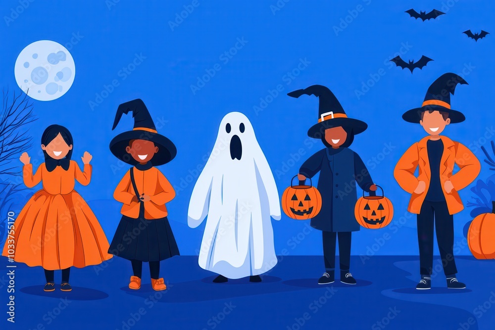 Children dressed as witches, ghosts, and vampires, walking down a moonlit street, flat design illustration Children dressed as witches, ghosts, and vampires, walking down a moonlit street, flat design illustration