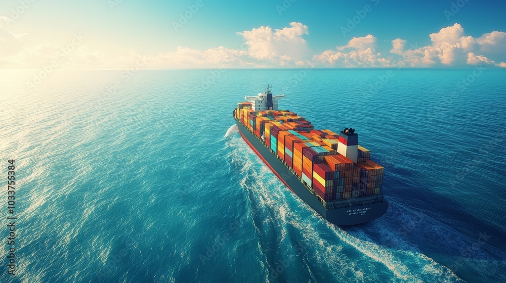 Cargo Ship Sailing Across Ocean with Shipping Containers Cargo Ship Sailing Across Ocean with Shipping Containers