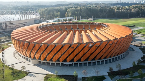 orange color stadium ariel view