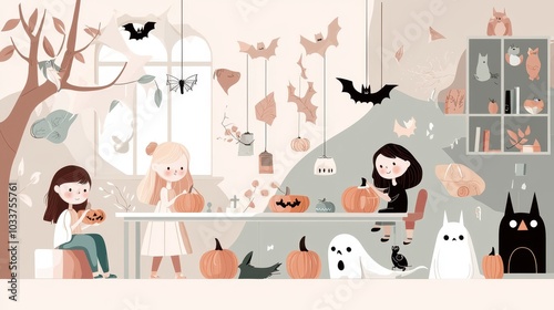 Group of kids carving pumpkins, excited expressions and Halloween decorations, flat design illustration