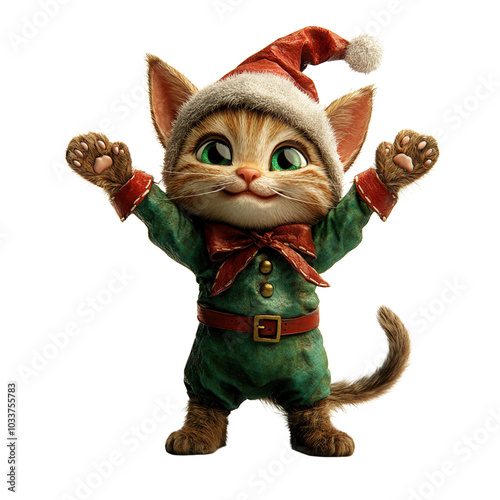 Cheerful cartoon cat dressed for Christmas, wearing a festive outfit and a Santa hat, spreading holiday joy. photo