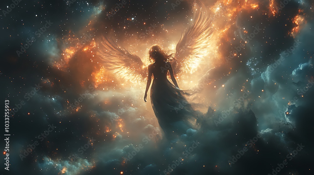 A woman with glowing wings stands in a starry sky, surrounded by clouds. A woman with glowing wings stands in a starry sky, surrounded by clouds.