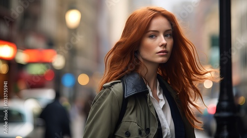 Wallpaper Mural A young woman with long red hair walks through a city street, looking over her shoulder. Torontodigital.ca