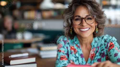 A cheerful woman wearing a floral blouse and glasses is seated at a table surrounded by books, creating a warm and inviting intellectual atmosphere.