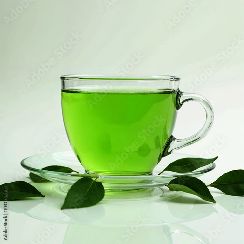 Glass Cup of Aromatic Tea with Fresh Mint Leaves on a White Background