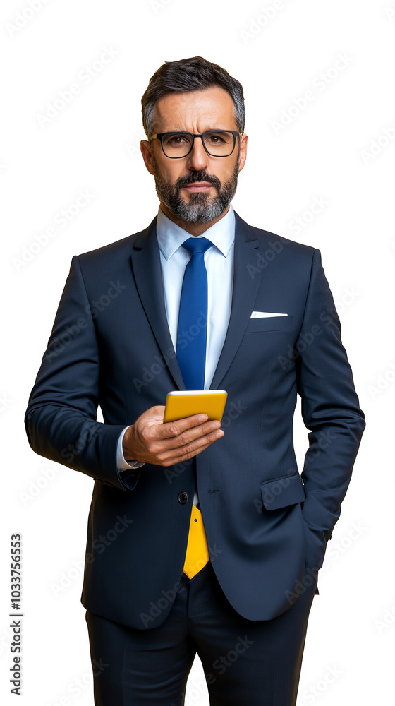 Businessman in suit holding smartphone, isolated on white background. Businessman in suit holding smartphone, isolated on white background.