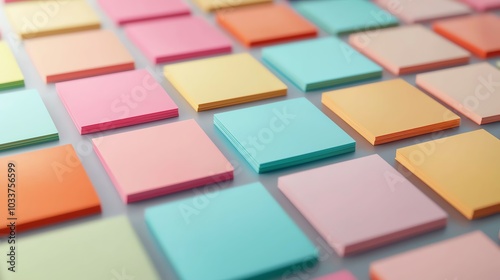 3D render of sticky notes in various colors arranged neatly in a grid pattern, soft light, closeup