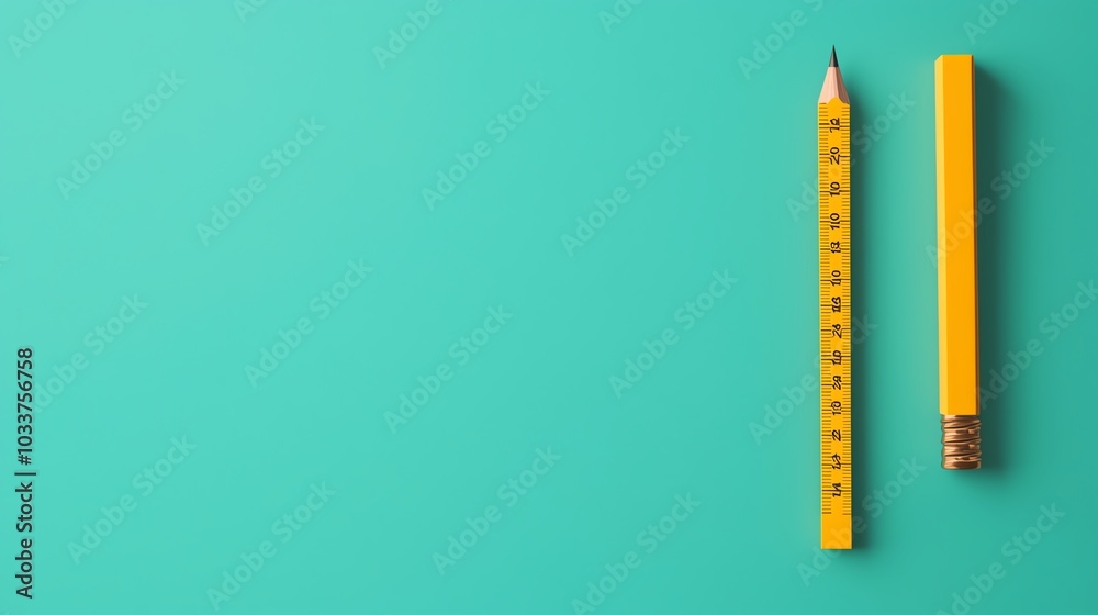 A pencil sharpener and ruler floating in midair, casting shadows on a gradient background, vibrant 3D render A pencil sharpener and ruler floating in midair, casting shadows on a gradient background, vibrant 3D render